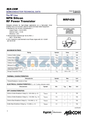 MRF428 datasheet - The RF Line NPN Silicon RF Power Transistor