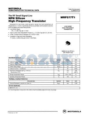 MRF577T1 datasheet - The RF Small Signal Line NPN Silicon High-Frequency Transistor