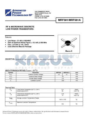 MRF581A datasheet - RF & MICROWAVE DISCRETE LOW POWER TRANSISTORS