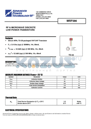 MRF586 datasheet - RF & MICROWAVE DISCRETE LOW POWER TRANSISTORS