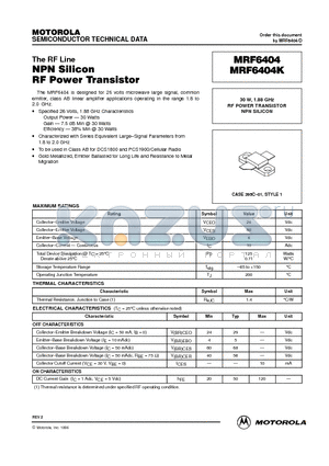 MRF6404K datasheet - RF POWER TRANSISTOR NPN SILICON