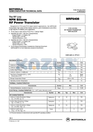 MRF6408 datasheet - RF POWER TRANSISTOR NPN SILICON