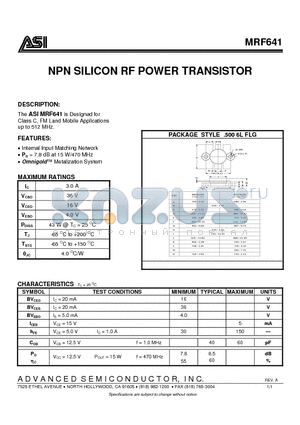MRF641 datasheet - NPN SILICON RF POWER TRANSISTOR