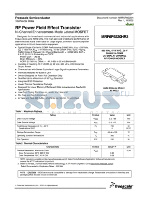 MRF6P9220HR3 datasheet - 880 MHz, 47 W AVG., 28 V SINGLE N-CDMA LATERAL N-CHANNEL RF POWER MOSFET