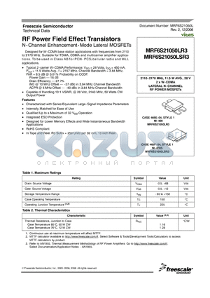 MRF6S21050LR3 datasheet - RF Power Field Effect Transistors N-Channel Enhancement-Mode Lateral MOSFETs