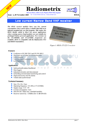 RX1L-173.225-5 datasheet - Low current Narrow Band VHF receiver