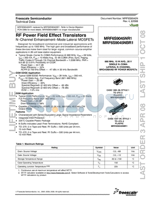 MRF6S9045NR1_08 datasheet - RF Power Field Effect Transistors N-Channel Enhancement-Mode Lateral MOSFETs