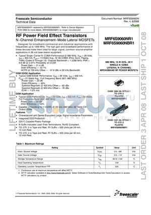 MRF6S9060NR1 datasheet - RF Power Field Effect Transistors