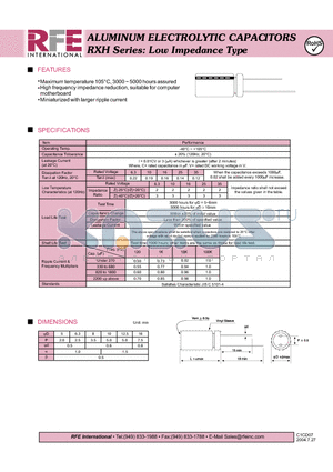 RXH datasheet - ALUMINUM ELECTROLYTIC CAPACITORS RXH Series: Low Impedance Type