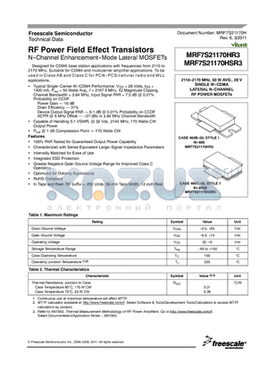 MRF7S21170HR3 datasheet - RF Power Field Effect Transistors N--Channel Enhancement--Mode Lateral MOSFETs