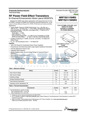 MRF7S21170HSR3 datasheet - RF Power Field Effect Transistors N--Channel Enhancement--Mode Lateral MOSFETs