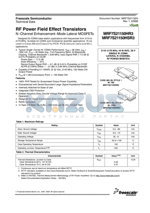 MRF7S21150HR3 datasheet - RF Power Field Effect Transistors N-Channel Enhancement-Mode Lateral MOSFETs