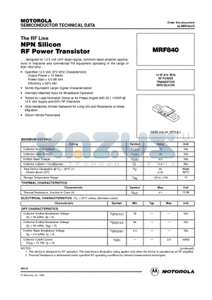 MRF840 datasheet - RF POWER TRANSISTOR NPN SILICON