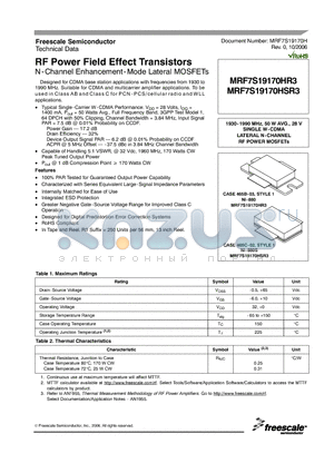 MRF7S19170HR3 datasheet - RF Power Field Effect Transistors N-Channel Enhancement-Mode Lateral MOSFETs