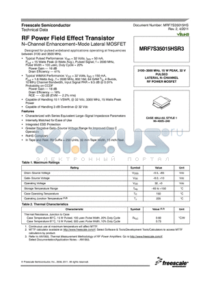 MRF7S35015HSR3 datasheet - RF Power Field Effect Transistor N--Channel Enhancement--Mode Lateral MOSFET