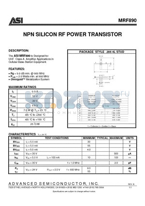 MRF890 datasheet - NPN SILICON RF POWER TRANSISTOR