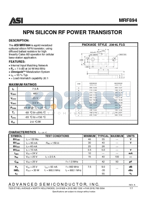 MRF894 datasheet - NPN SILICON RF POWER TRANSISTOR