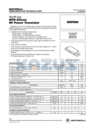 MRF899 datasheet - RF POWER TRANSISTOR NPN SILICON