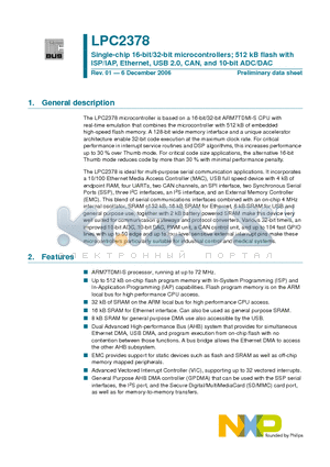 LPC2378FBD144 datasheet - Single-chip 16-bit/32-bit microcontrollers; 512 kB flash with ISP/IAP, Ethernet, USB 2.0, CAN, and 10-bit ADC/DAC