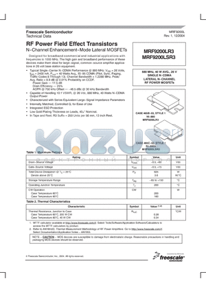 MRF9200LSR3 datasheet - N-Channel Enhancement-Mode Lateral MOSFETs