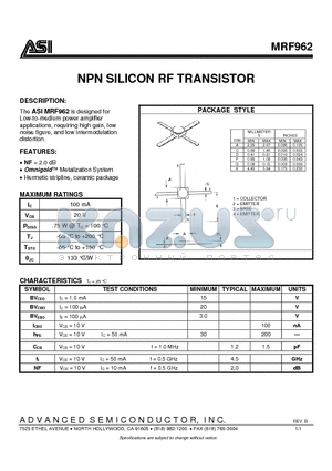 MRF962 datasheet - NPN SILICON RF TRANSISTOR