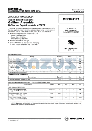 MRF9811T1 datasheet - HIGH FREQUENCY GaAs FET TRANSISTOR