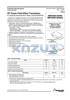 MRFE6S9135HR3 datasheet - N-Channel Enhancement-Mode Lateral MOSFETs