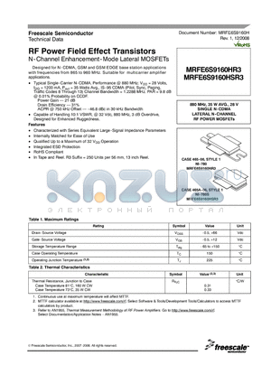 MRFE6S9160HR3 datasheet - RF Power Field Effect Transistors N-Channel Enhancement-Mode Lateral MOSFETs
