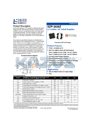 SZP-3026Z datasheet - 2.7-3.8GHz 2W InGaP Amplifier