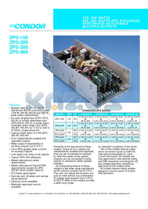 ZPS-150A datasheet - 150, 200 WATTS 300, 400 WATTS (PFC AVAILABLE) WIDE RANGE ADJUSTABLE MULTIPLE OUTPUTS