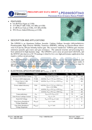 LPD200SOT343 datasheet - PACKAGED HIGH DYNAMIC RANGE PHEMT