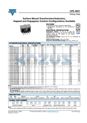 LPE4841_11 datasheet - Surface Mount Transformers/Inductors,Gapped and Ungapped, Custom Configurations Available