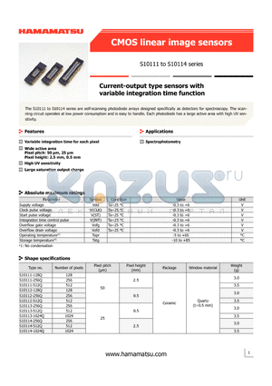 S10111 datasheet - Current-output type sensors with variable integration time function