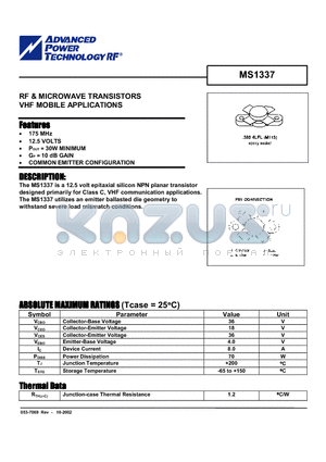 MS1337 datasheet - RF & MICROWAVE TRANSISTORS VHF MOBILE APPLICATIONS