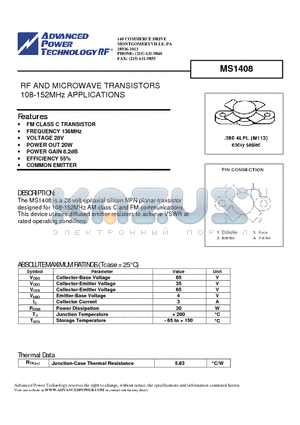 MS1408 datasheet - RF AND MICROWAVE TRANSISTORS 108-152MHz APPLICATIONS
