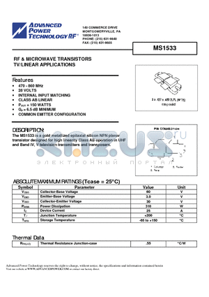 MS1533 datasheet - RF & MICROWAVE TRANSISTORS TV/LINEAR APPLICATIONS