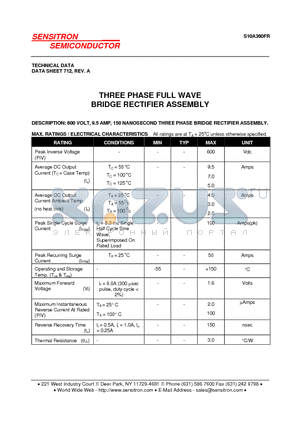 S10A360FR datasheet - THREE PHASE FULL WAVE BRIDGE RECTIFIER ASSEMBLY