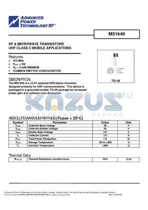 MS1649 datasheet - RF & MICROWAVE TRANSISTORS UHF CLASS C MOBILE APPLICATIONS