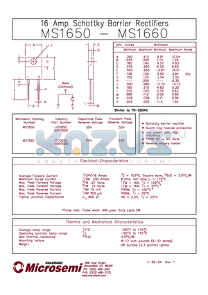 MS1660 datasheet - 16 Amp Schottky Barrier Rectifiers