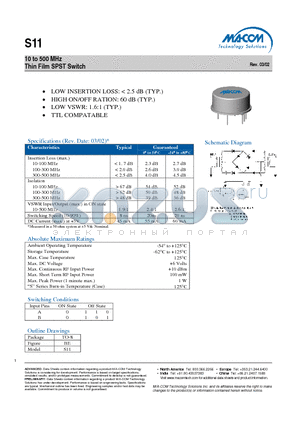 S11 datasheet - 10 to 500 MHz Thin Film SPST Switch