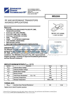 MS2205 datasheet - RF AND MICROWAVE TRANSISTORS AVIONICS APPLICATIONS