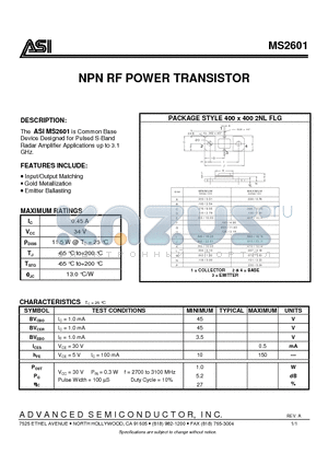 MS2601 datasheet - NPN RF POWER TRANSISTOR