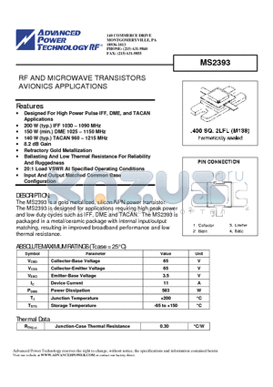 MS2393 datasheet - RF AND MICROWAVE TRANSISTORS AVIONICS APPLICATIONS