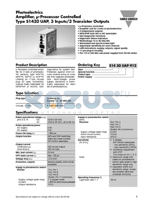 S1430UAP912 datasheet - Photoelectrics Amplifier, l-Processor Controlled Type S1430 UAP, 3 Inputs/3 Transistor Outputs