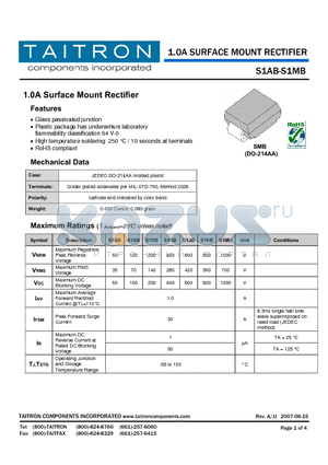 S1AB datasheet - 1.0A SURFACE MOUNT RECTIFIER