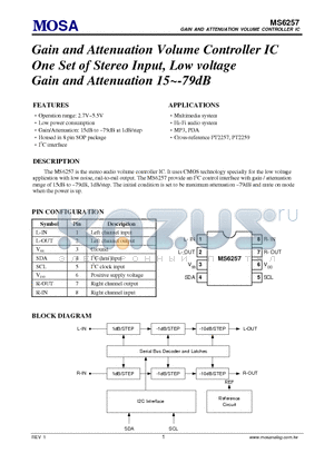 MS6257U datasheet - Gain and Attenuation Volume Controller IC One Set of Stereo Input, Low voltage Gain and Attenuation 15~-79dB