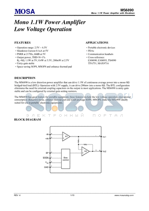 MS6890GTR datasheet - Mono 1.1W Power Amplifier Low Voltage Operation