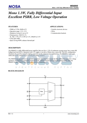 MS6895GTR datasheet - Mono 1.1W, Fully Differential Input Excellent PSRR, Low Voltage Operation