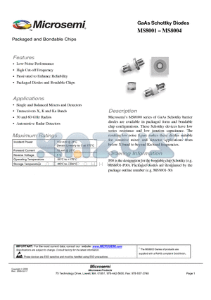 MS8001 datasheet - GaAs Schottky Diodes