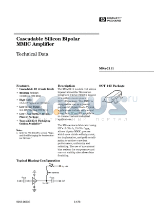 MSA-2111-BLK datasheet - Cascadable Silicon Bipolar MMIC Amplifier
